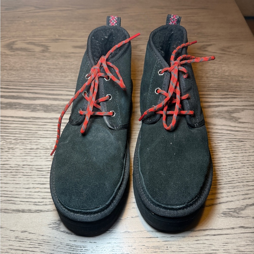 UGG Black Suede Ankle Boots with Red Laces